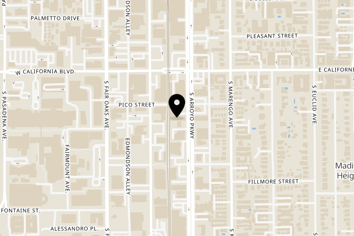 Map showing the location of My Vegan Restaurant on 633 S Arroyo Pkwy #3 in Pasadena